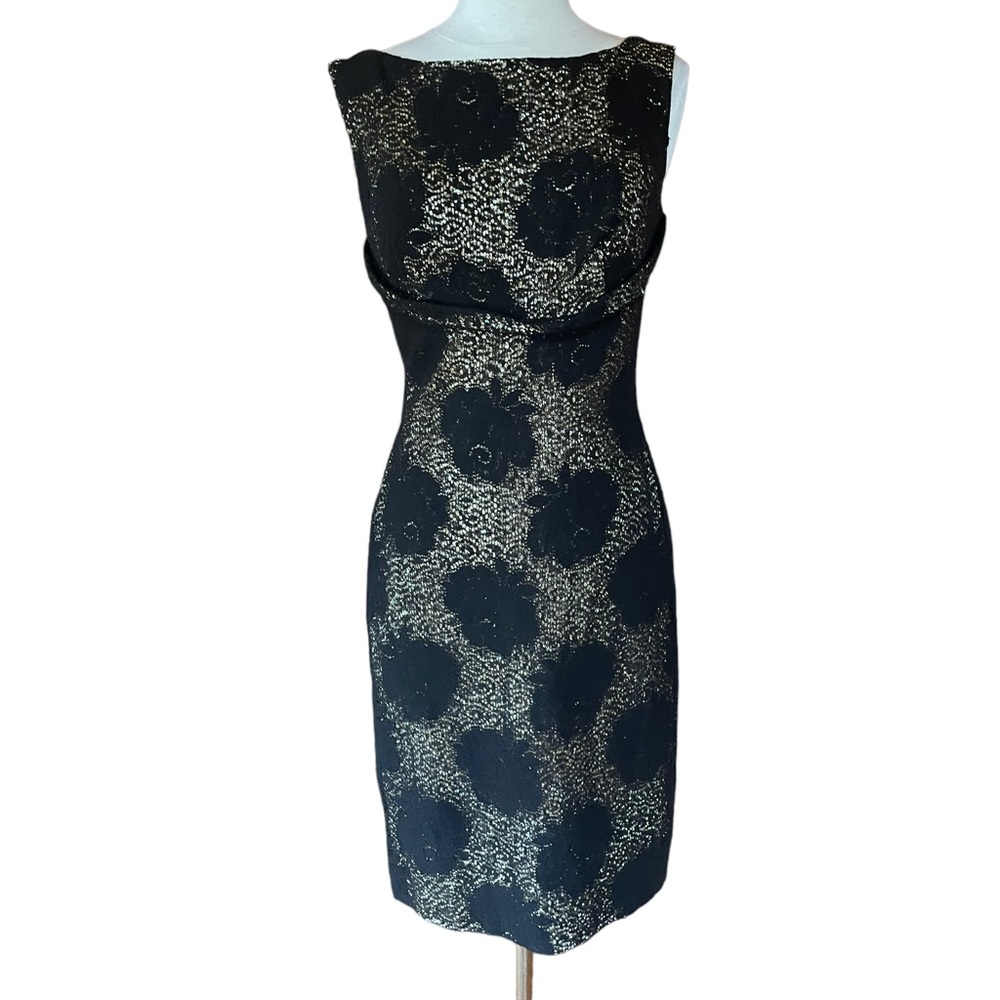 NWOT 1950s Lilli Diamond Black Lace Overlay Gold Metallic Cocktail Wiggle Dress